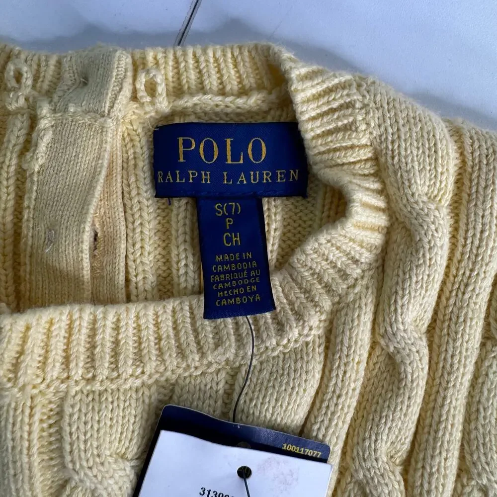 HTF Ralph Lauren Polo Yellow Girls Cable Knit Cotton Dress Sz 7 Collar Sm Flaw